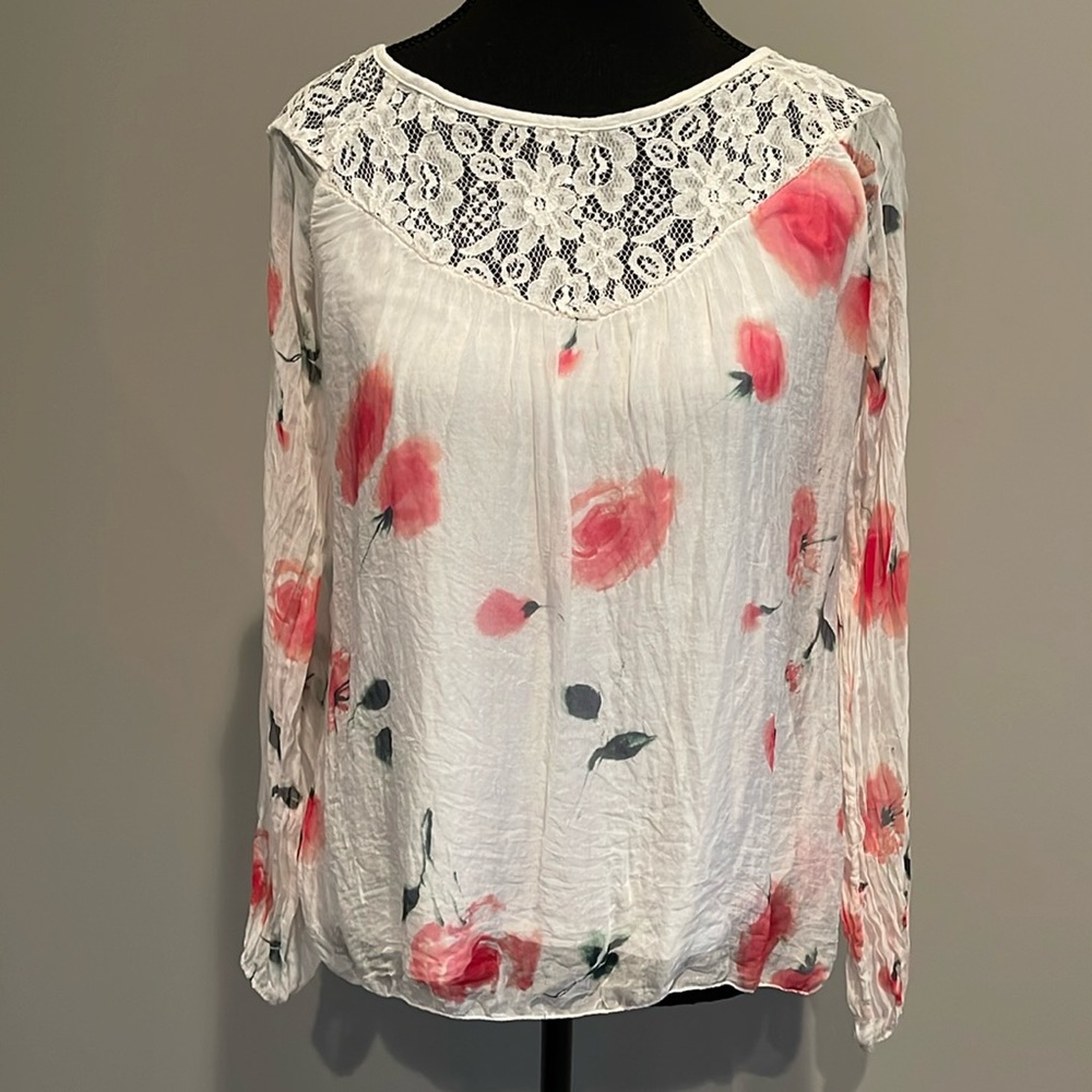 Floral Italian Silk Blouse. Size Small